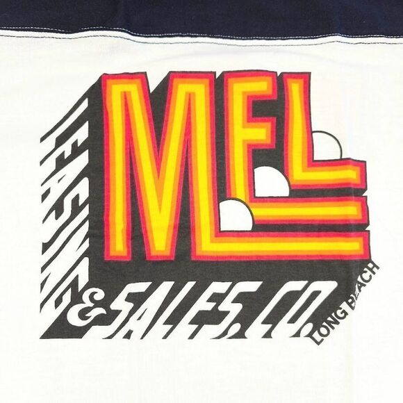 Vintage MEL Long Beach T Shirt Mens Size Small Dark Blue 80s Ringer Tee - Picture 4 of 7